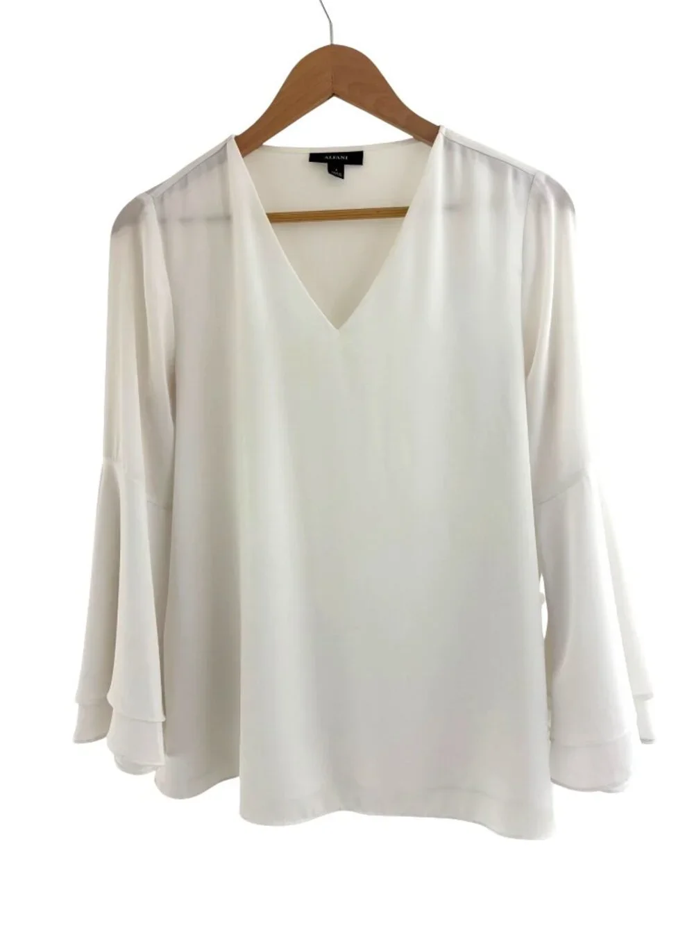 Alfani White‎ Tiered Bell Sleeve Lined Blouse Top Shirt Size 4 V-Neck Tunic